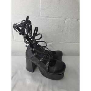 Demonia Alley Cult Goth Black Leather Heels Platform Strappy Zip Women Size 8